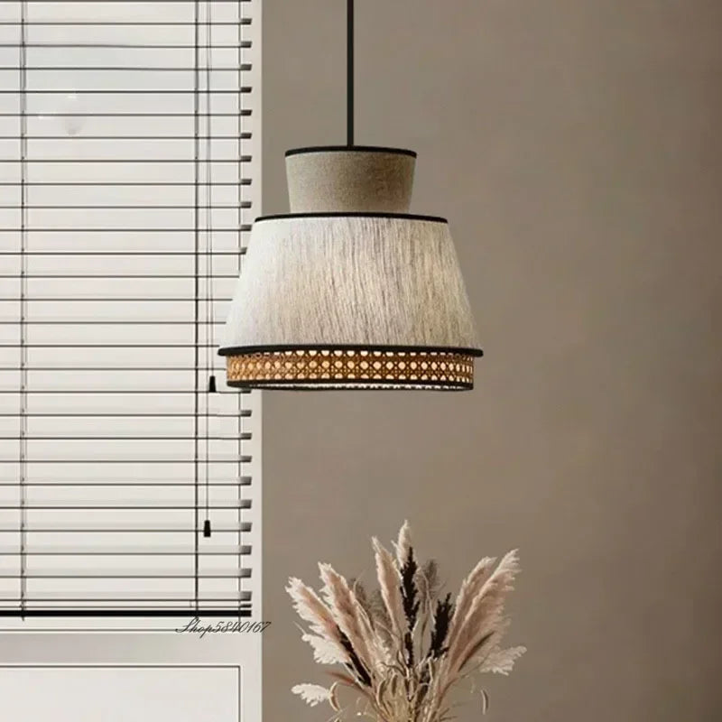Japanese Wabi-Sabi Minimalist Cloth & Rattan Pendant Light - Woven Fabric Hanging Ceiling Lamp Fixture for Living Room, Dining Room & Kitchen