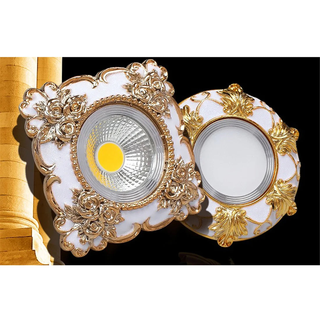 European Square Resin Golden Lace LED Recessed Downlight (3W/5W 220V) - Luxury Vintage Ceiling Spotlight Fixture (Fits 7.5cm Cutout) for Foyer, Dining Room & Corridor Decor