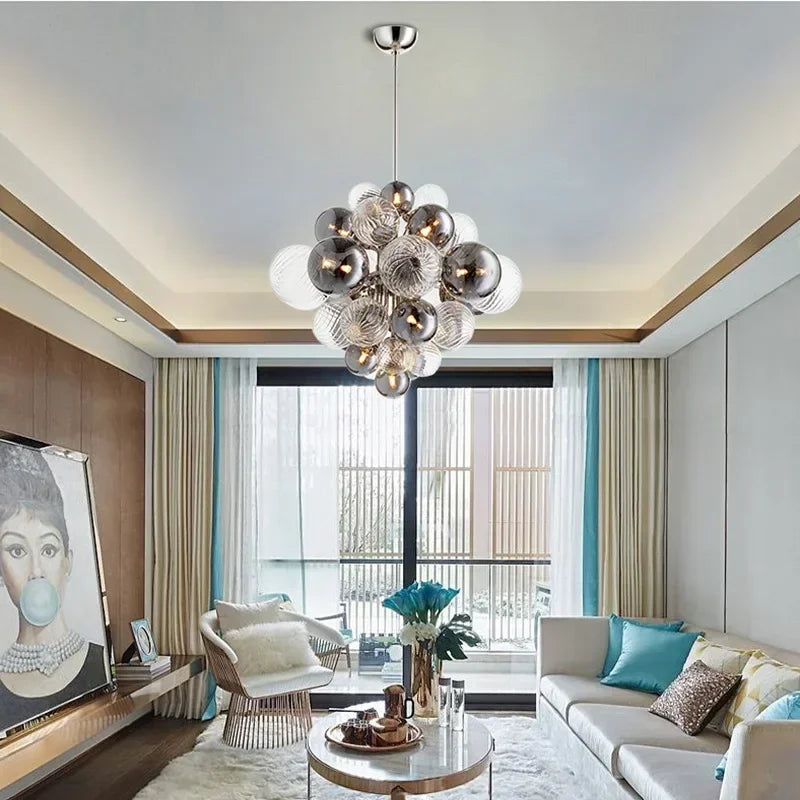 Luxury Smoke Gray Glass Bubble Ball Chandelier Living Room Nordic Bedroom Dining Hall Grape Pendant Lamp Home Lighting Fixtures