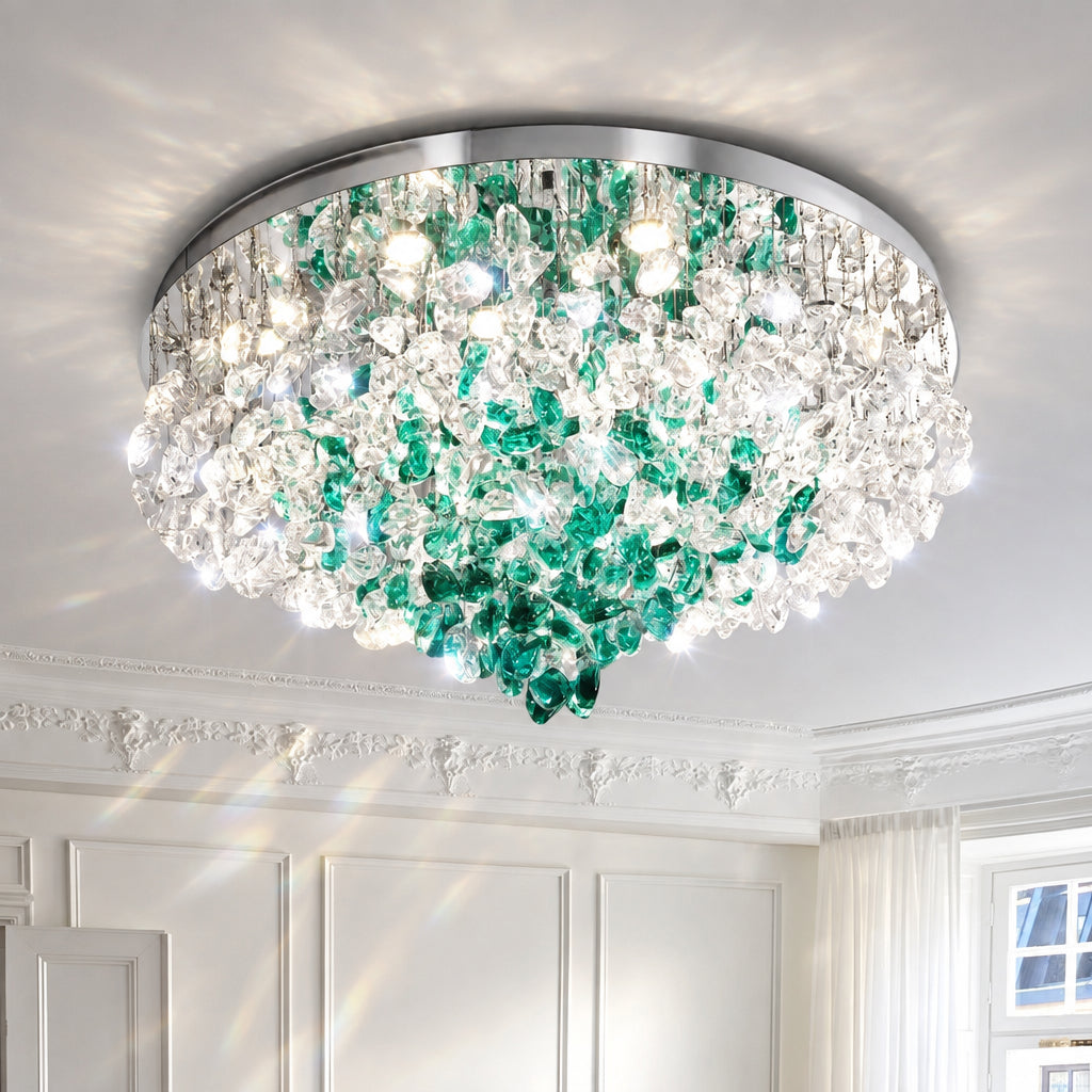 Modern Green Crystal LED Ceiling Light - Luxury Flush Mount Chandelier Lighting Fixture for Living Room, Bedroom & Hotel Decor