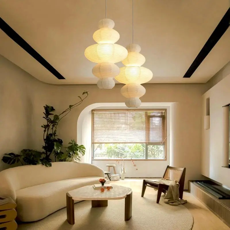 Japanese Rice Paper Pendant Light with E27 Bulb - Modern Sculptural Ceiling Suspension Chandelier & Floor Lamp Fixture for Living Room Art Decor