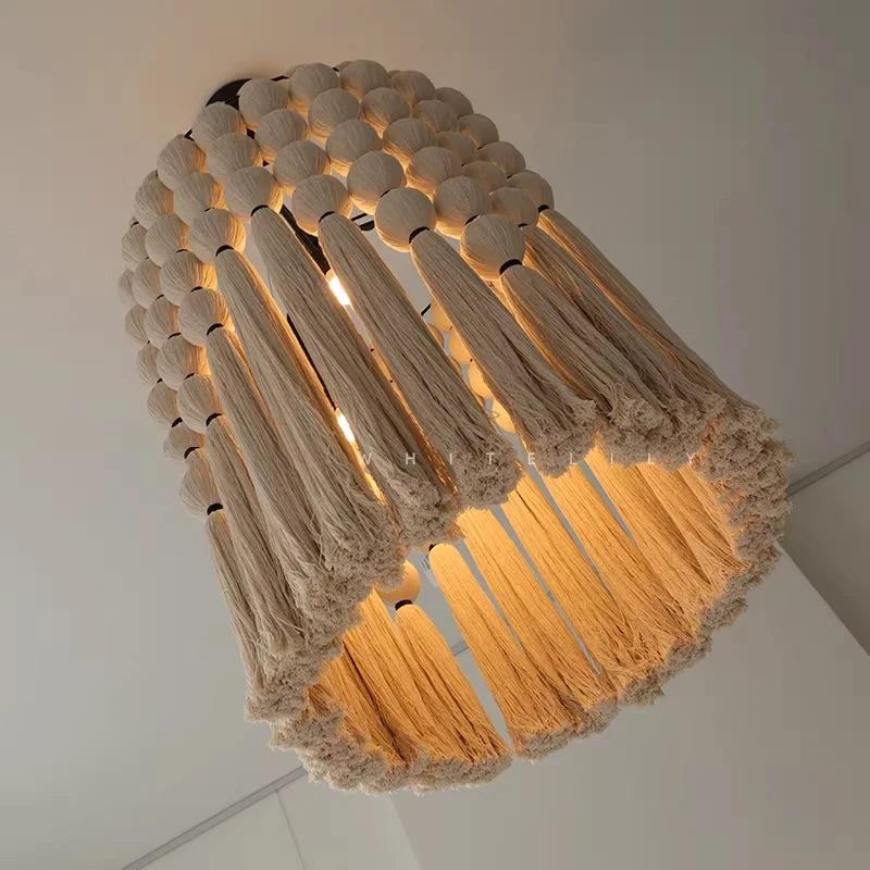 Nordic Wabi Sabi Minimalist Handmade Cotton Rope Bosnian Tassel Chandelier Living Dining Room Bedroom Pendant Light Lamp Fixture