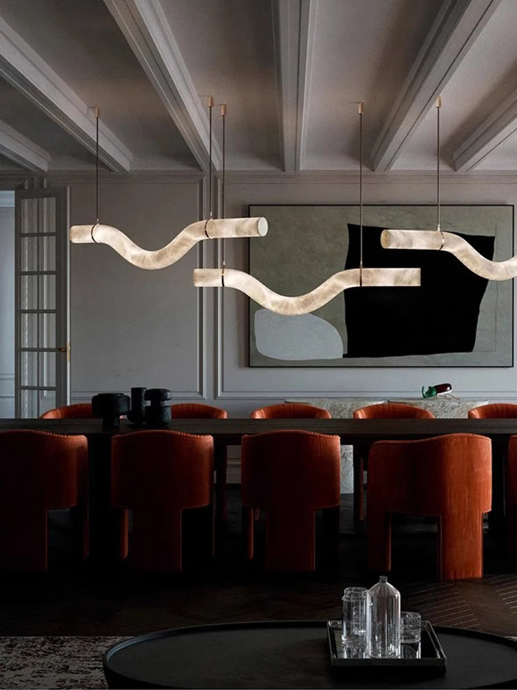 2026 Luxury Marble Linear Chandelier - Minimalist LED Dining Room Pendant Light