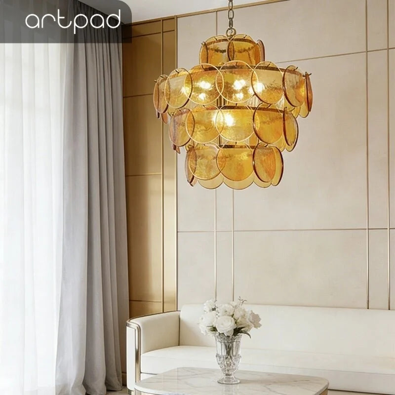 Round Glass Dining Table Lights for Bedroom Living Room French Modern LED Murano Glass Pendant Lights Bar Kitchen Restaurant