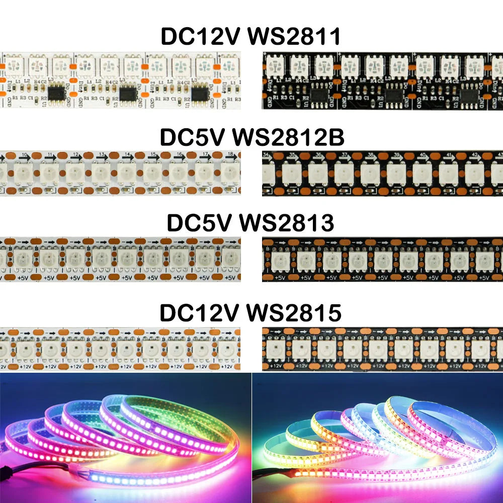 WS2812B WS2815 WS2813 WS2811 Addressable RGBIC LED Strip - DC5V/12V Smart Pixel Tape Light (30/60/144 LEDs/m)