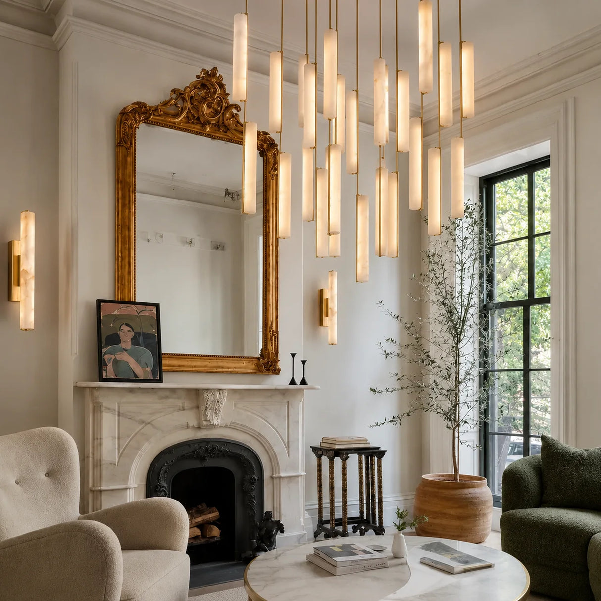 Luxury Spanish Marble Chandelier Brass Hanging Light 3 Color Dimmable Pendant Lamp for Villa Living Room Dining Area Hotel Lobby