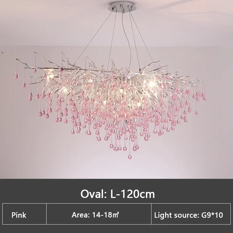 Light luxury living room pendant light creative girl pink branch shaped hall pendant branch water droplet restaurant