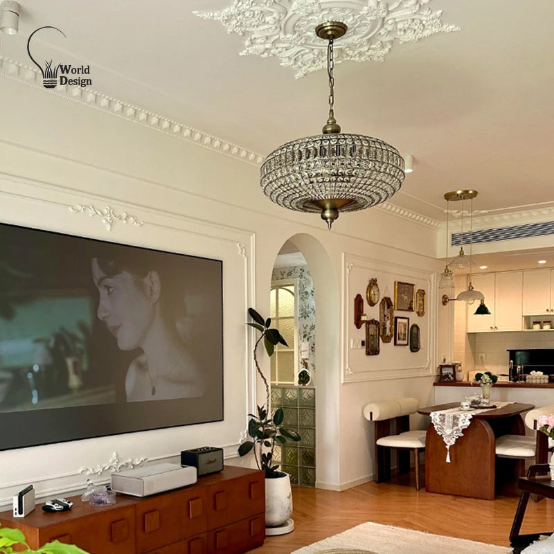 Vintage K9 Crystal Pendant Lights for Living Room Bedroom American Copper Crystal Ceiling Chandelier for Dining Room Kitchen Bar