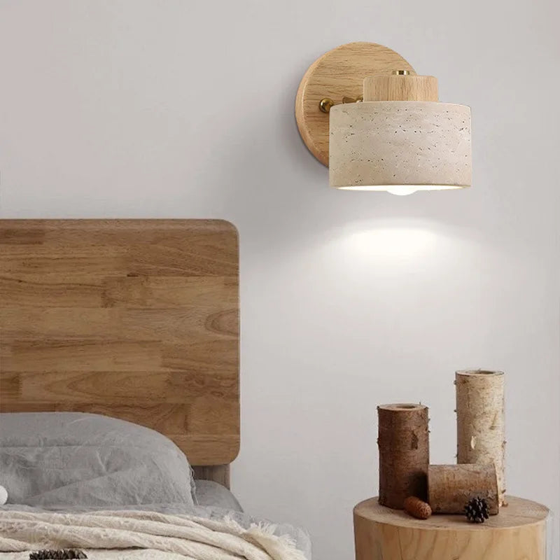 Japanese Wabi-Sabi Yellow Cave Travertine Wall Sconce with Switch - Rotatable Retro Natural Stone Bedside Lamp for Bedroom & Study