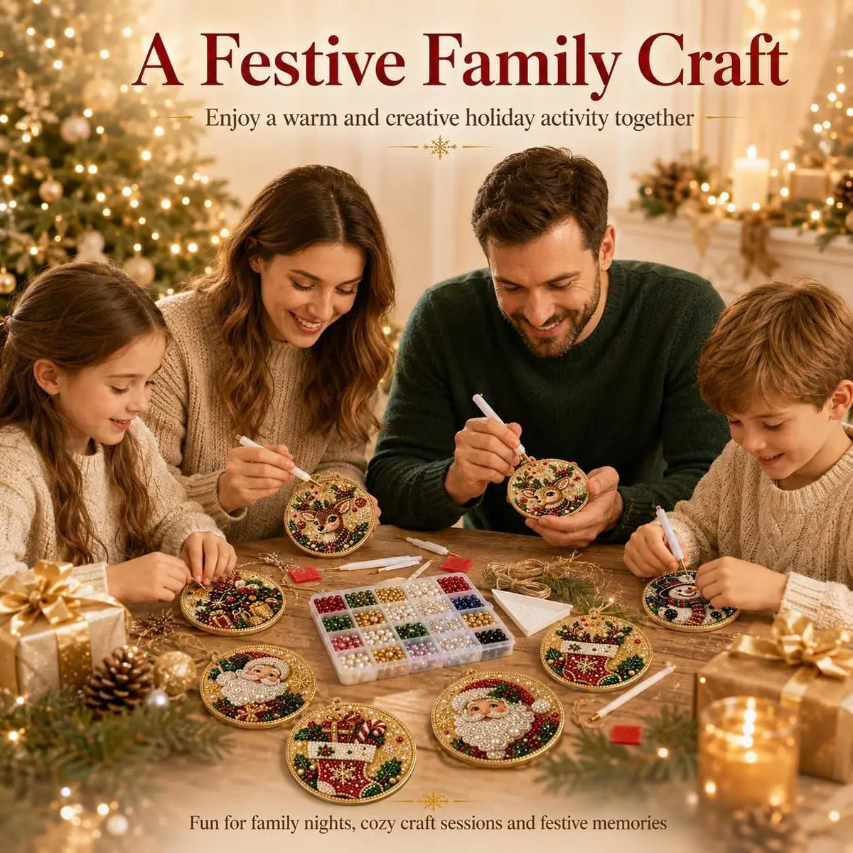 6Pcs Wooden Christmas Decoration DIY Pearl Art Kits for Adults, Xmas Tree Crafts Hanging Ornament Kit with Beads, Gems & Twine