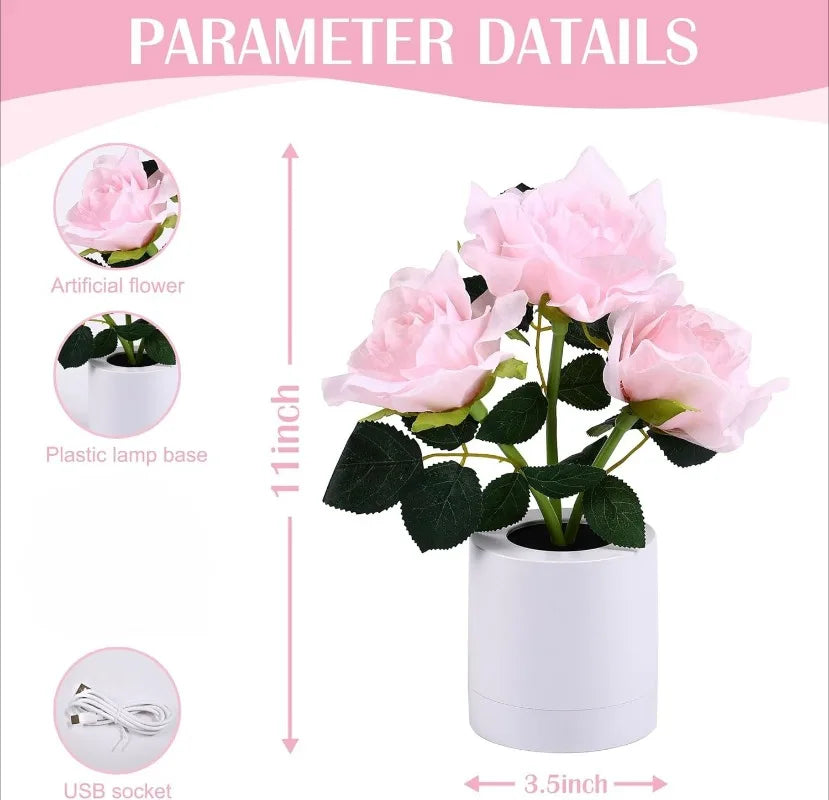 Pink Rose Flower Cordless Touch Lamp LED Artificial Flowers Gifts for Her Wife Girlfriend Small Table Lamp Night Light