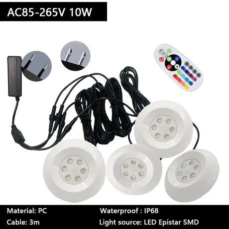 Pool Light with EU/US Plug IP68 Waterproof Small Size White Round 95mm 3/6/10W Underwater RGB Multicolor Swimming Bath Spa Lamp