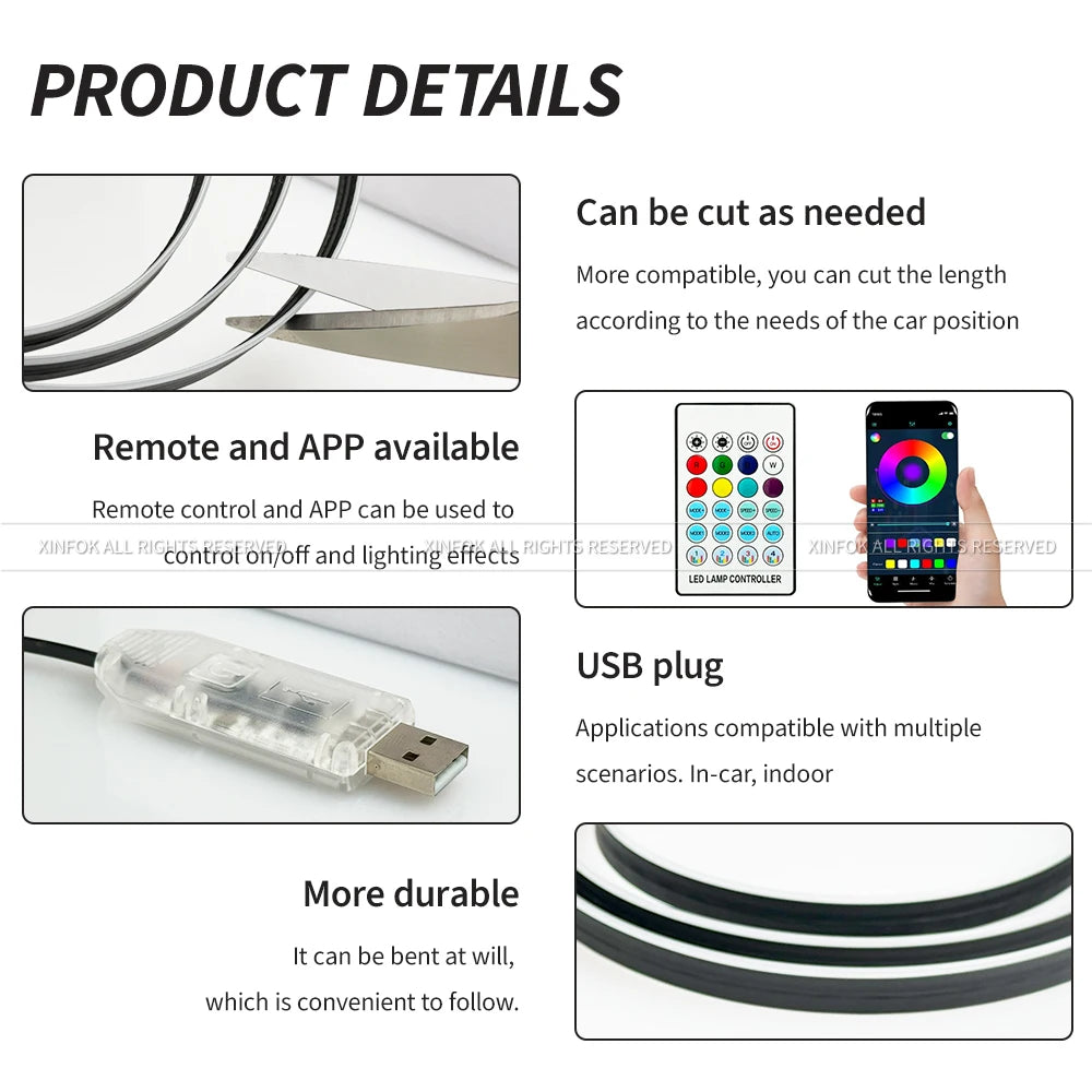 140cm USB Dreamcolor Acrylic Interior Car LED Strip Light with Wireless APP 55’‘RGB Music Fiber Optic Car Ambient Lighting Kit
