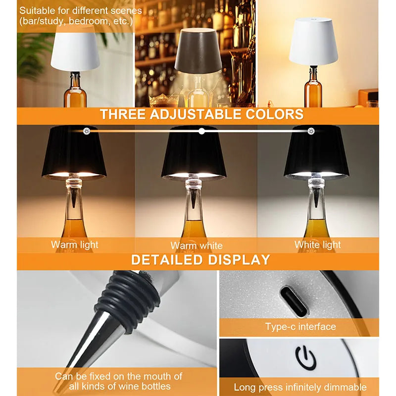 Wireless Bottle Table Lamp Touch Control of 3 Colors and Stepless Dimming Night Lamp Suitable for Bar Wine Bottles Desk Lights