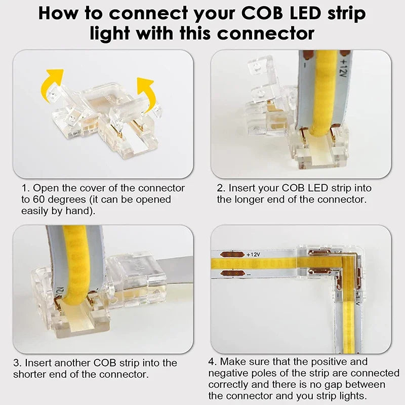2Pin L-Shaped COB LED Connectors 8mm 10mm Strip to Strip Solderless Corner Connector for 2pin COB LED Strip Lights