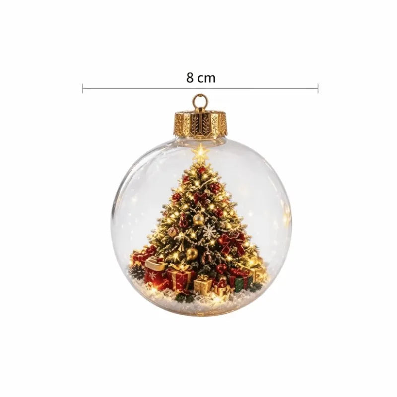 8CM Acrylic Material Christmas Ball Ornament with Light Size Hanging Christmas Decor Transparent Design Santa Claus Pendant