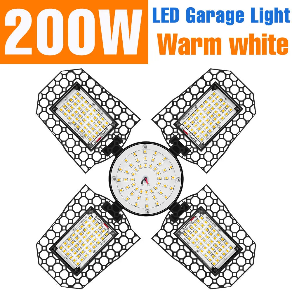 200W Deformable LED Garage Light (E26/E27) AC85-265V - Foldable High Bay Ceiling Lamp for Workshop, Warehouse & Basement
