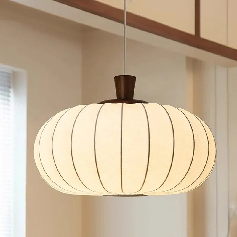 Japanese Wabi-Sabi Silk & Wood LED Pendant Chandelier - Retro Fabric Hanging Ceiling Lamp Fixture for Living Room, Restaurant & Mood Lighting Decor