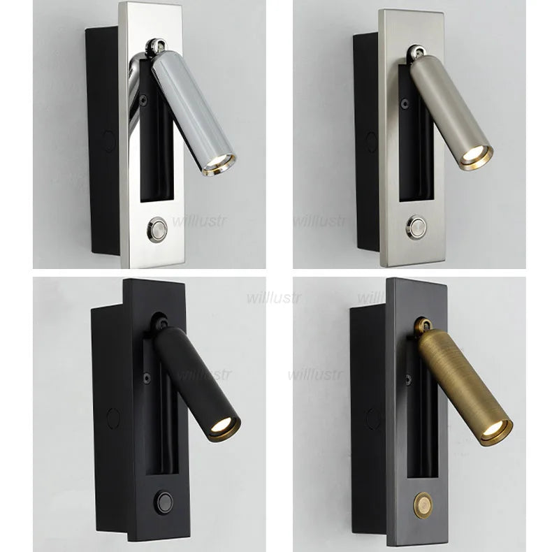 Creative Rotatable Aluminum Wall Lamp LED Embedded Sconce Hotel Cafe Bar Bedside Copper Nickle Chrome Metal Reading Lighting