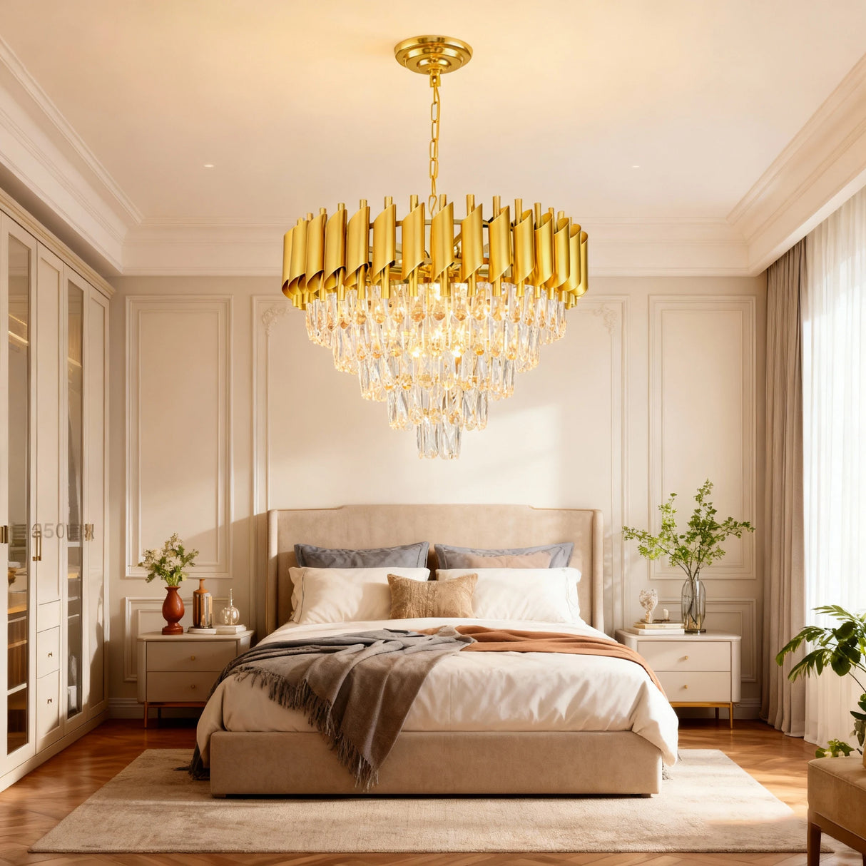 Modern Golden Crystal Chandelier, 5-Layer Circular Luxury Ceiling Chandelier, Suitable for Dining/Living Room/Entrance Hall