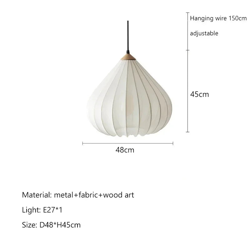 French Minimalist Onion-Shape Fabric Pendant Light - Wabi-Sabi Cloth Shade Ceiling Lamp Fixture for Living Room, Bedroom, Cafe & Kitchen