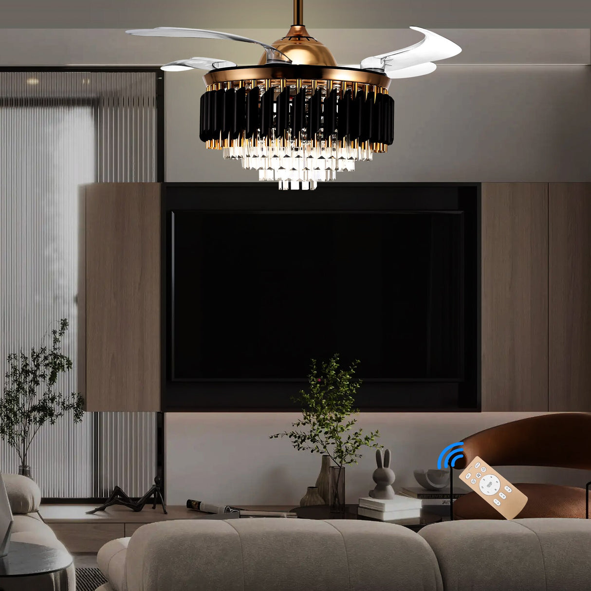 LED Crystal Light With Fan 72W Modern Chandelier Invisible Blades Fan Remote Control For Living Room Bedroom