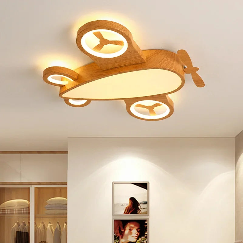 Children's Room Airplane Ceiling Lights Log Color LED Helicopter Light Nordic Modern Lamp Warm Youth Room Bedroom Chandelier