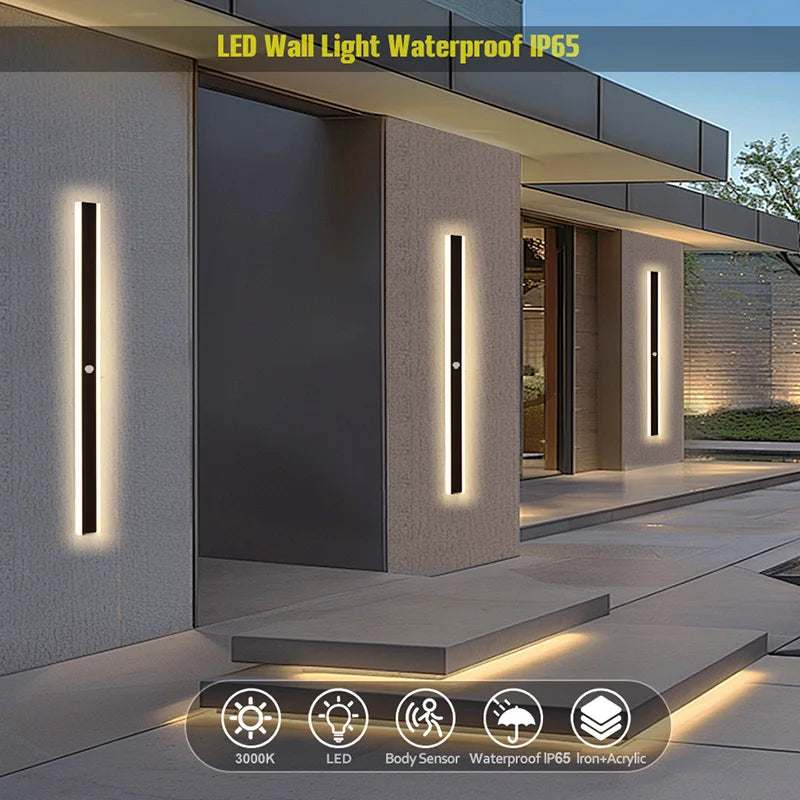 Outdoor Motion Sensor LED Long Wall Light (IP65 Waterproof, 90V-240V) - Modern Black Exterior Porch & Sconce Lamp Fixture for Villa, Garage & Garden