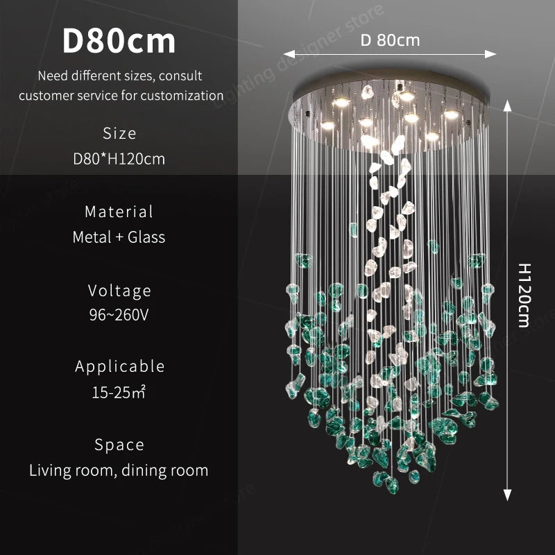 Dining Room Chandeliers Duplex Villa Hall Hanging Lamp Luxury Living Room High Ceiling Green Stone Glass LED Pendant Lights