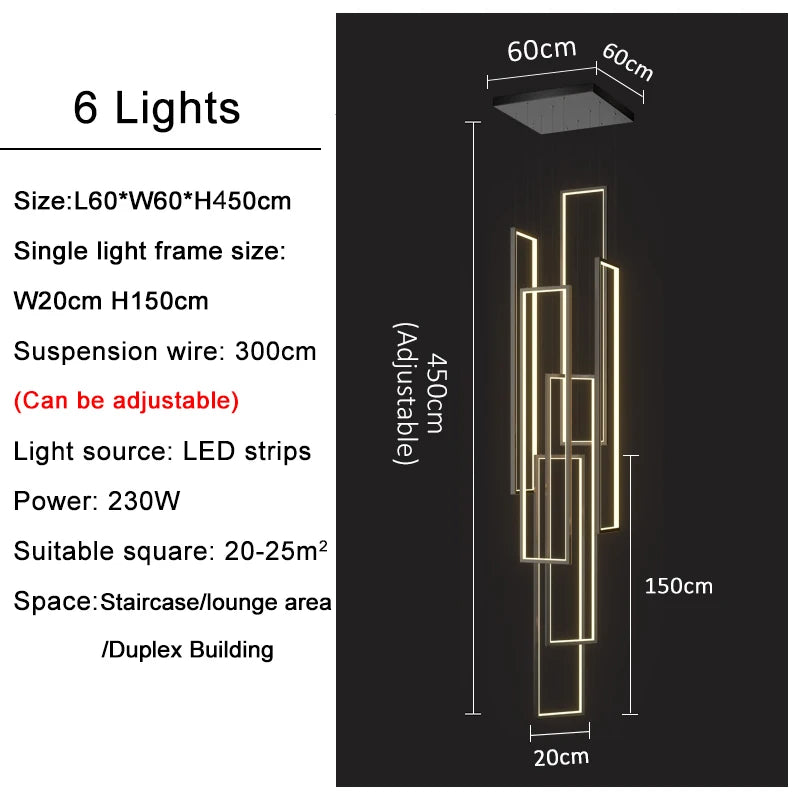 Large Modern Chandelier For Staircase Led Home Decors Hanging Lamp Black /Gold Indoor Lighting Luxury Creative Rectangle Luster's