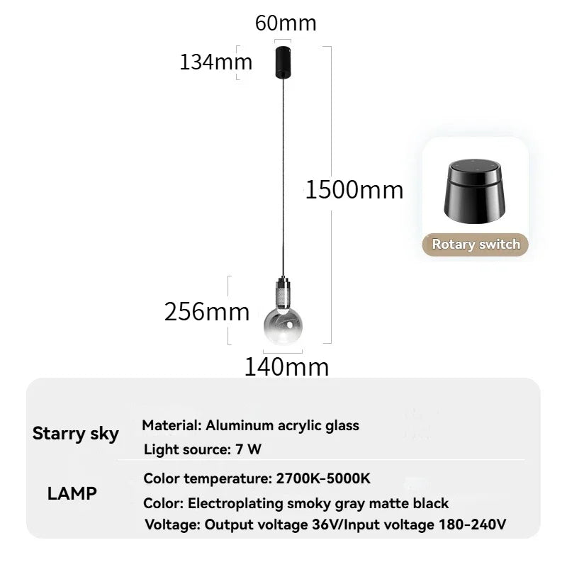 Modern Glass Pendant Light with Knob Switch - Bedside Hanging Night Light