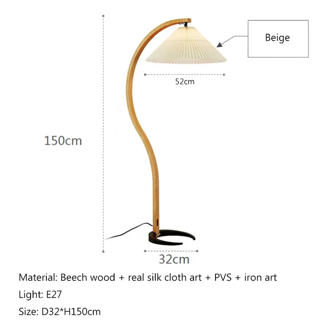 Japanese Curve floor lamp LED Soild Wood stading Lamp pleated lampshade Living Room Bedroom Study Decor sofa side reading Light