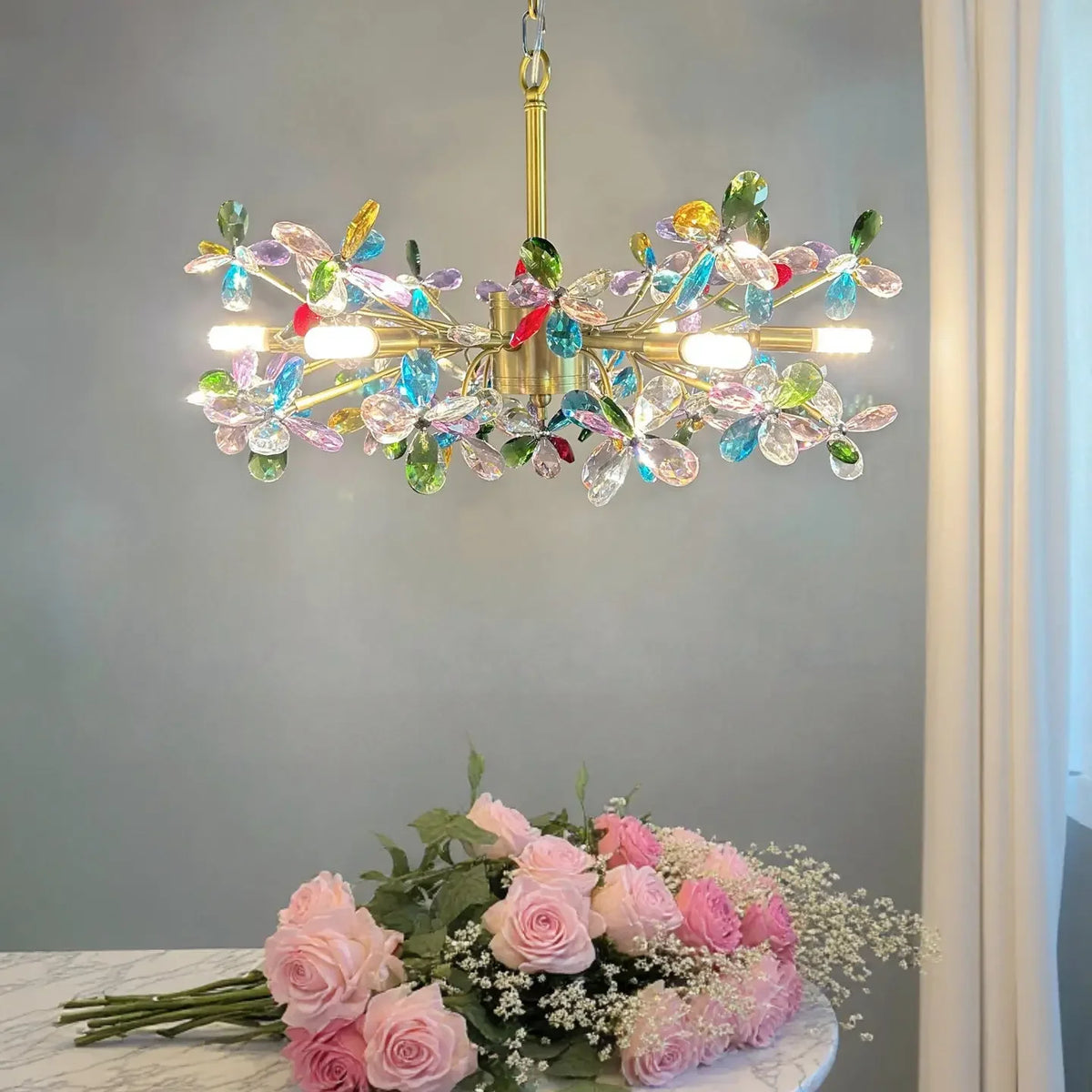 Luxury French Colorful Colored Crystal Flower Pendant Ceiling Light Romantic Living Room Dining Room Bedroom Daughter Lustre
