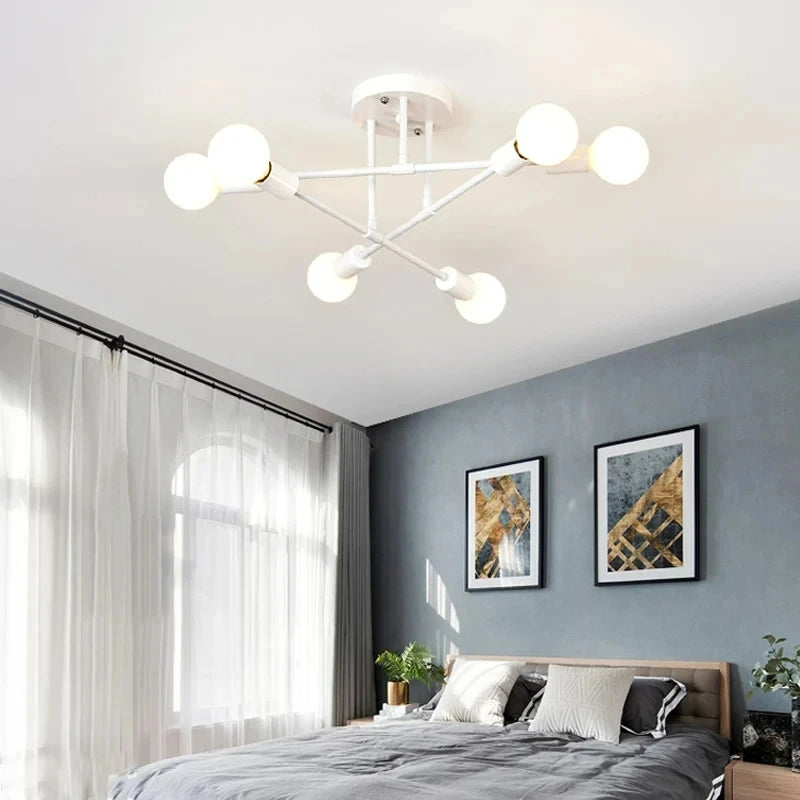 Modern Sputnik Chandelier Nordic Semi Flush Mount Ceiling Lamp Brushed Antique Gold Home Decor Lighting Fixture