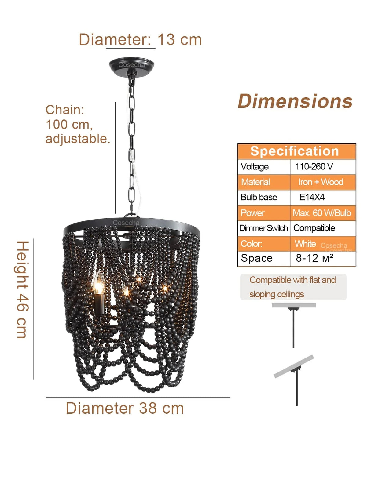 Vintage Black Pendant Chandelier Wood Beaded Antique Lighting Foyer Dining Nordic Chandelier Bedroom Pendant Kitchen Lamps