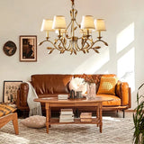 American Retro Luxury Gold Copper Chandeliers Living Dining Bedroom Pendant Lights Fabric Shades Flower Deco Led Lighting Lamps