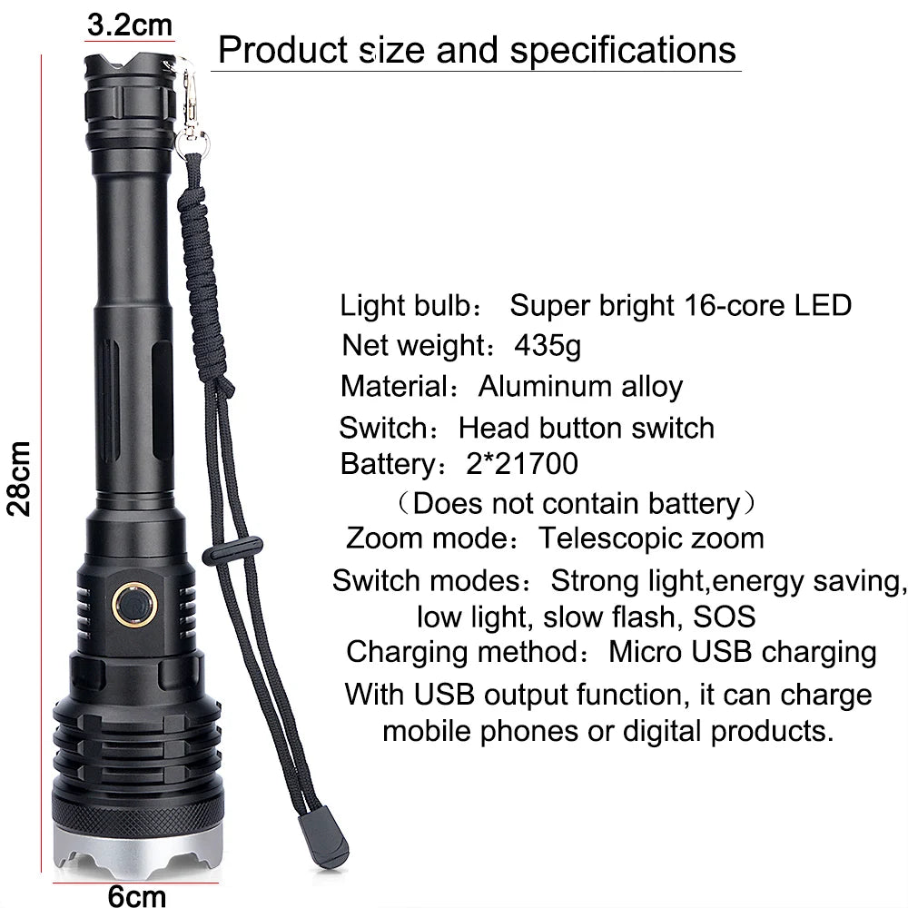 The Most Brightest Led Flashlight XHP110.2 16-core Power Bank 10000mah Torch Usb Rechargeable 21700 Battery Zoomable Lantern 50W