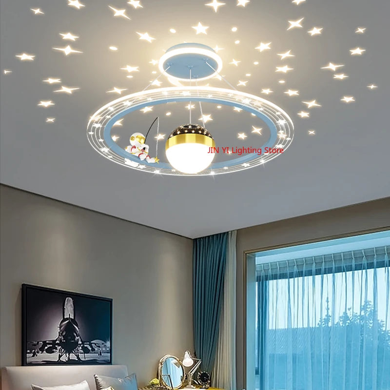 Children's Room Light Creative Space Astronaut Room Pendant Light Cartoon Starry Sky Eye Protection Light Dimmable with Remote