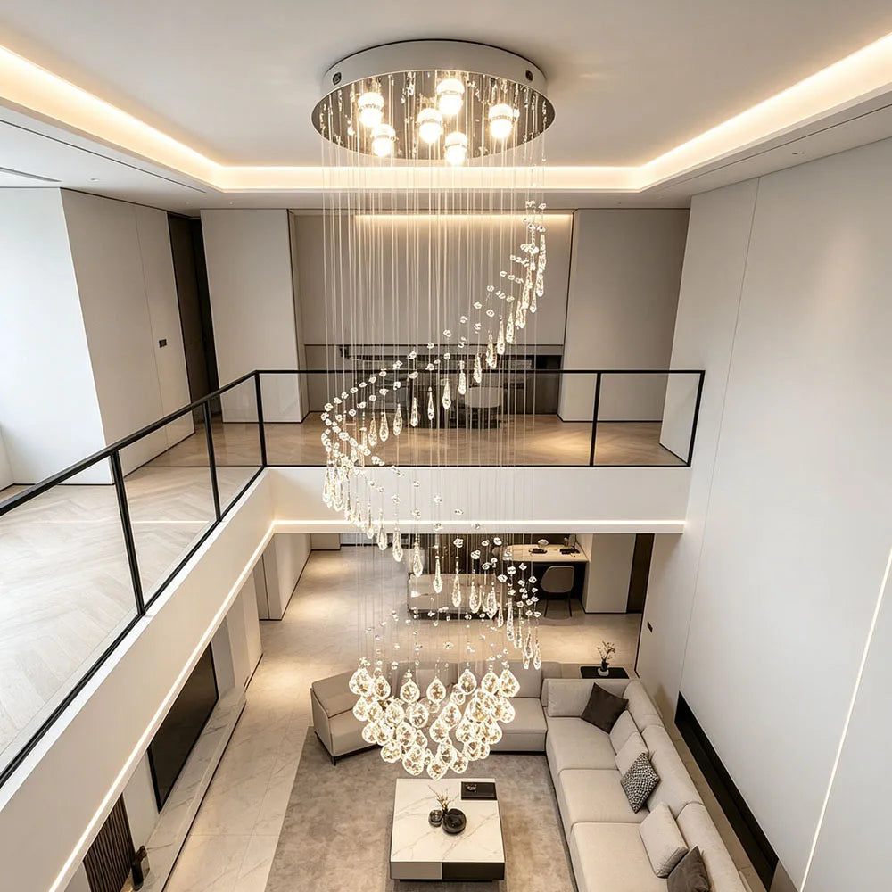 Luxury Vertical Crystal Ball Raindrop Chandelier Polished Stainless Steel Ceiling Plate Long Suspension Light For Stairwell Loft