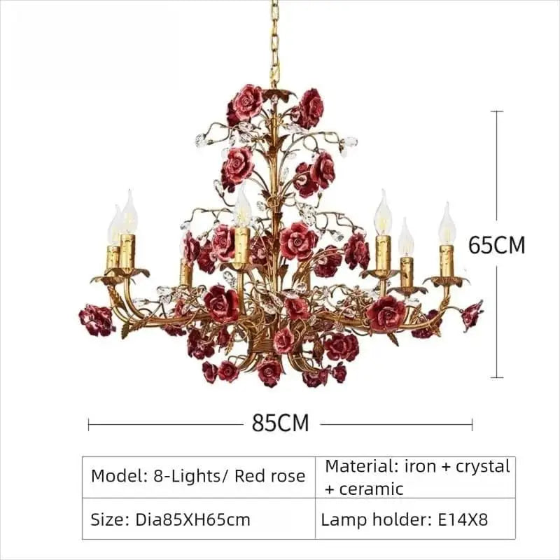 Pink Red Ceramic Rose Chandelier Luxury French Gold 5 Lights Chandelier Bedroom Lighting 6/8/10 Living Room Hanging Lights
