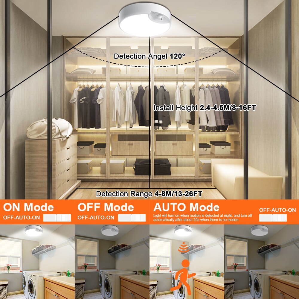 Battery Power Remote Ceiling Lamp Dimmable Wireless Motion Sensor LED Ceiling Lights Fixture Timer Kitchen Hallway Night Lights