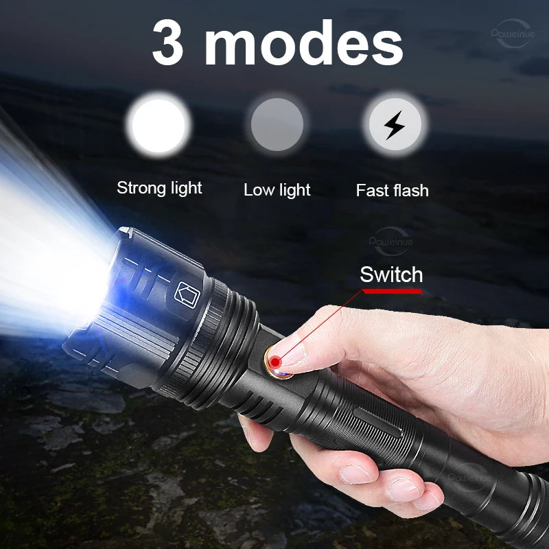 New Super Flashlights Torches Ultra Powerful Flashlight USB Recharge Flash Light 12000MAh LED Flashlight Zoom Tactical Lantern