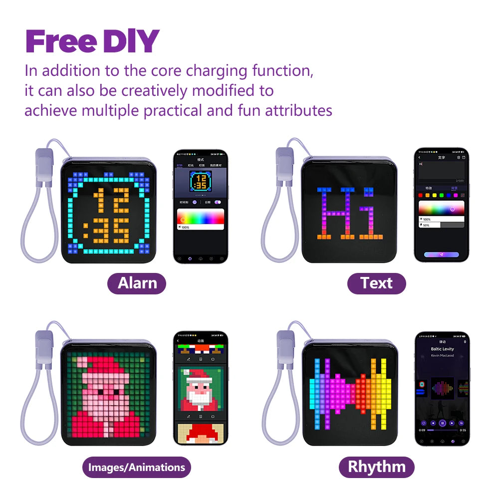 LED Pixel Display Night Light 5000mAh Bluetooth APP Control DIY Table Light With Alarm Clock For Bedroom Christmas Gift