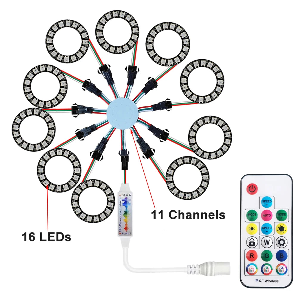 LED Sparkle Ring Light Circle Module WS2812B Individually Addressable RGB Atmosphere Lamp 17 Key Music Remote Control for Party