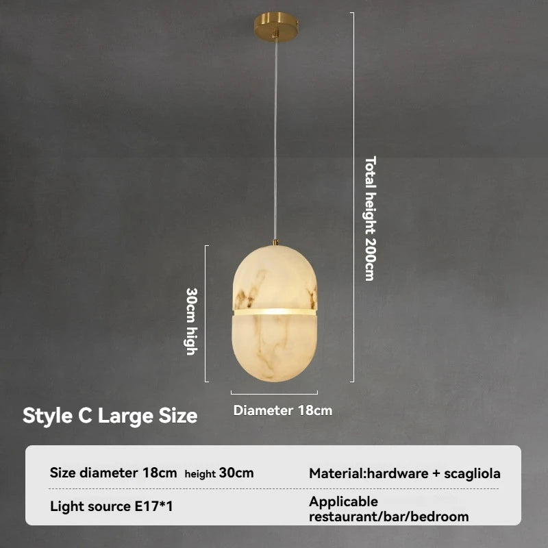 Designer Faux Marble Pendant Light - Modern Minimalist Single Ceiling Hanging Lamp Fixture for Bedroom, Living Room & Dining Area