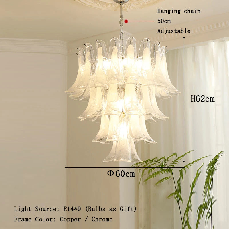 Cloudy White Glass Flower Petal Vintage Chandelier Italy Design Lighting Fixture LED Remote Dimmable Available Living Room Deco