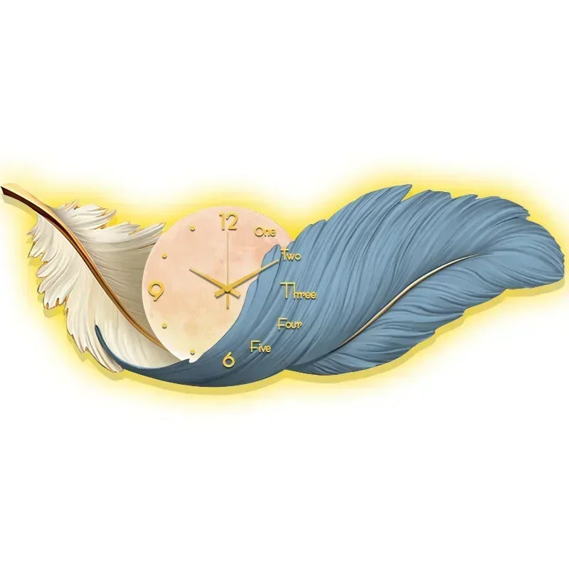 LED Wall Clock Light Luxury Large Art Clocks Living Room Decors Painting Wall Watch Feather Silent Clock Renog Home Decoration