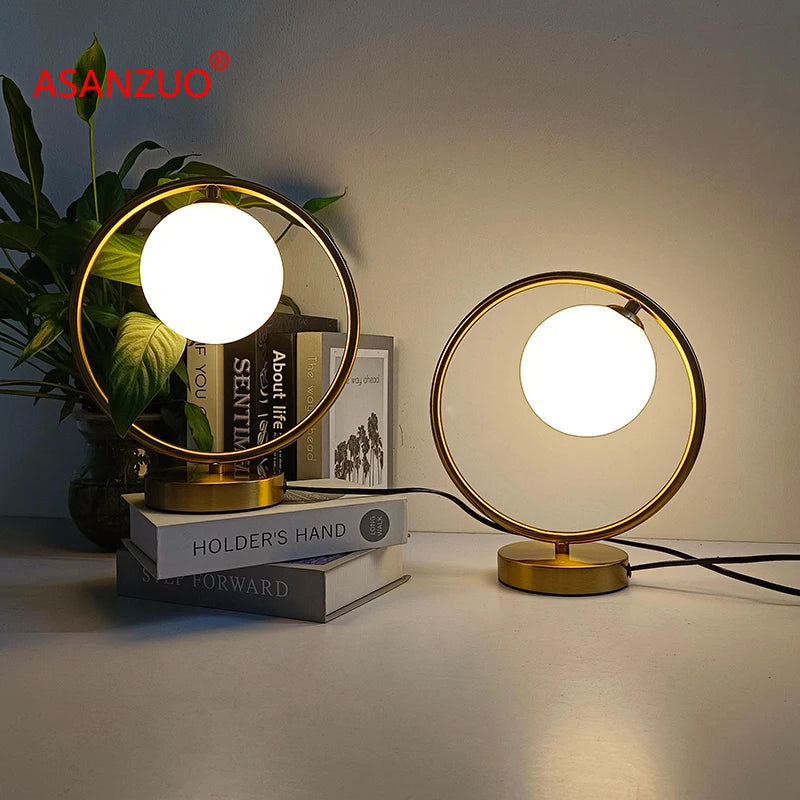 Modern LED Table Lamps Brass Galss Lights Bedside Reading Desk Lamp Fixture Bedroom Hotel Home Decor Round Ring Desk Lights