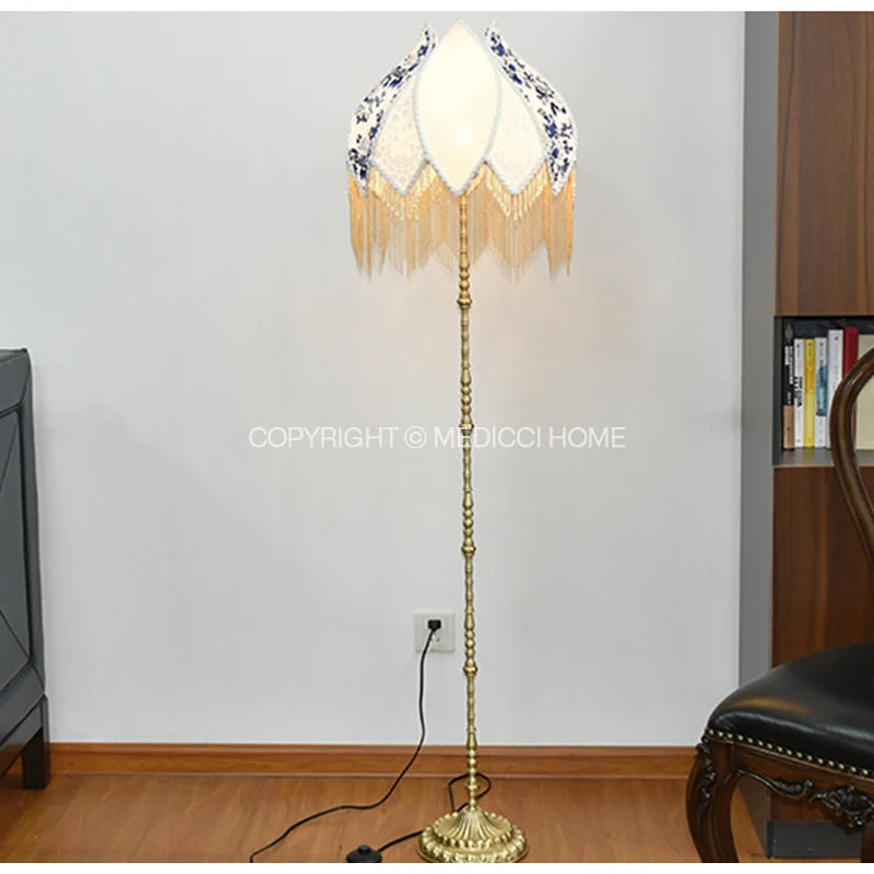 Home French Retro Blue And White Porcelain Floral Lampshade With Pearl Tassel Luxury Desk Lamp Shade Floor Pendant Light