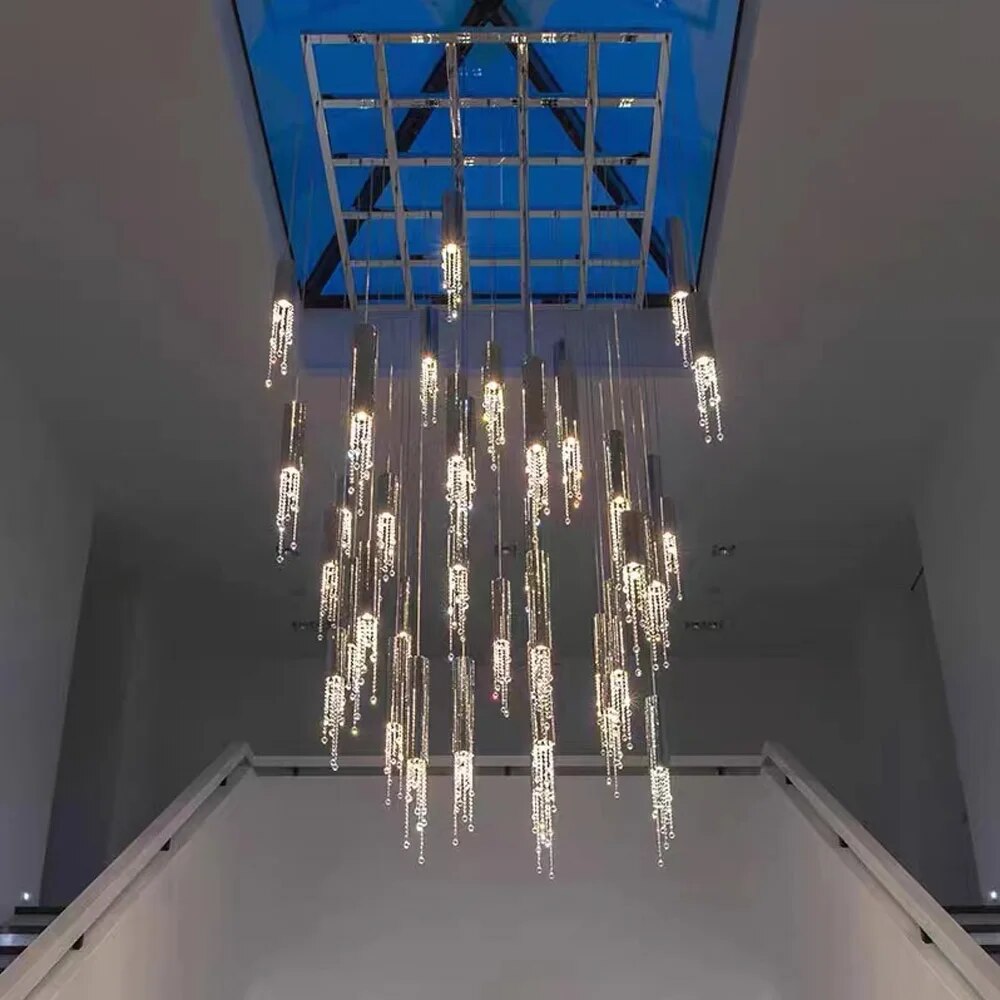 Modern Chrome Crystal LED Chandelier Luxury Large Cristal Staircase Hanging Fixture For Hallway Lobby Long Indoor Ceiling Lustre